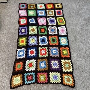 Vtg Homemade Granny Square‎ Crochet Boho  Blanket Afghan Multicolored 61x35"